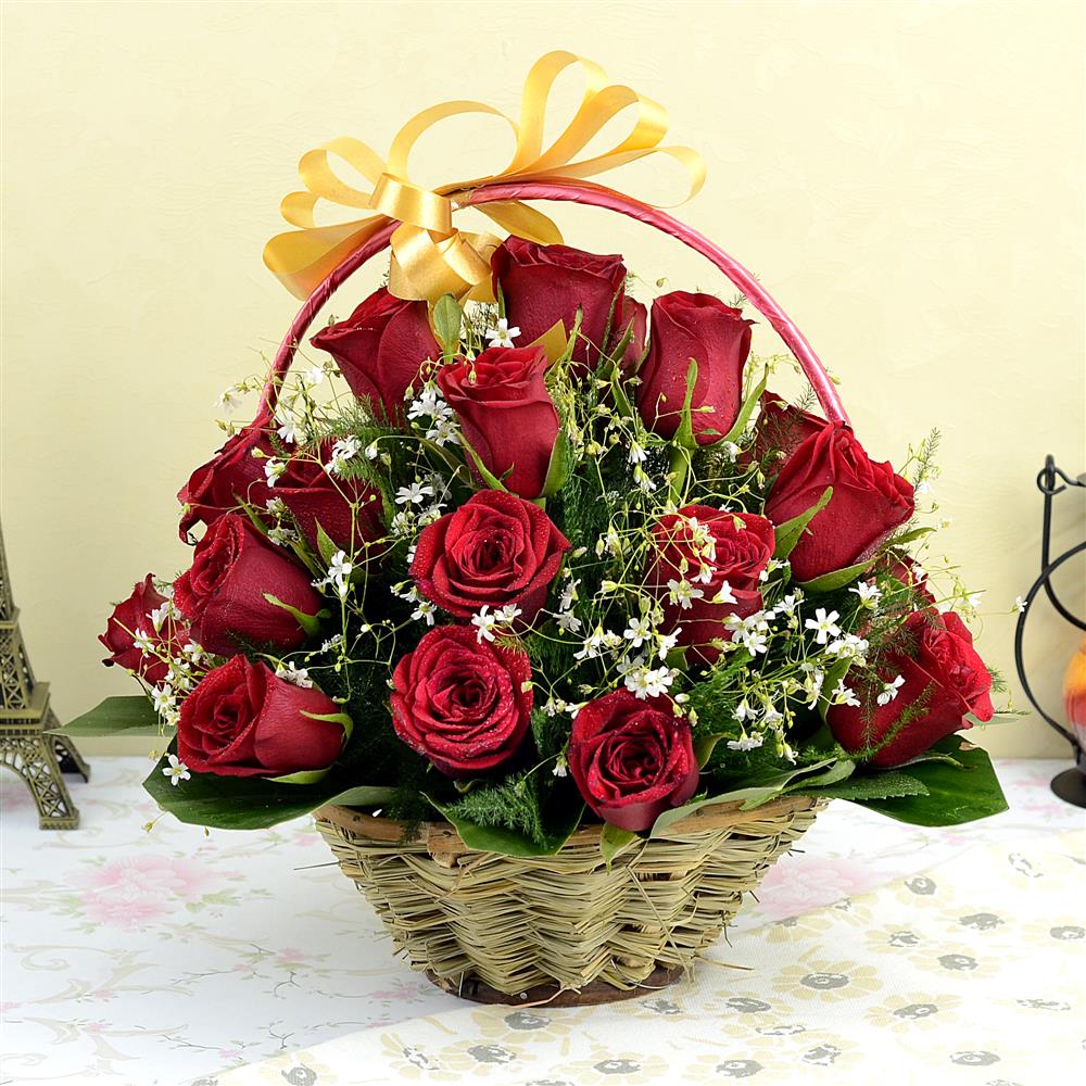 Red Roses in Round Handle Basket