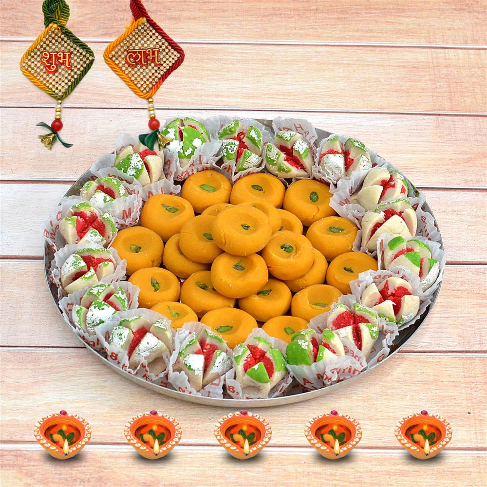 Diwali Sweets Thali - Kesaria Peda with Kaju Pista Phool in a Thali