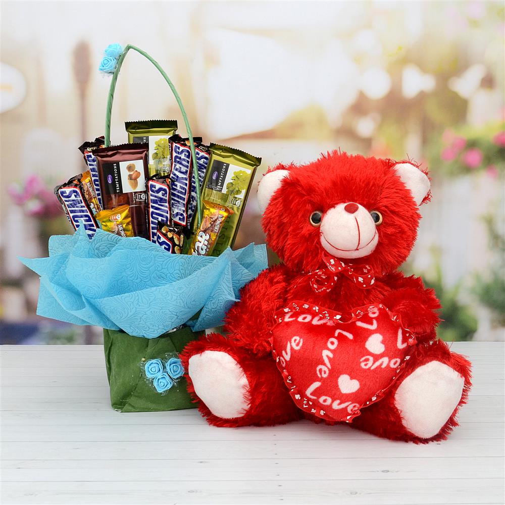 Chocolates Bouquet In A Basket With Red Teddy Valentine Hamper Him