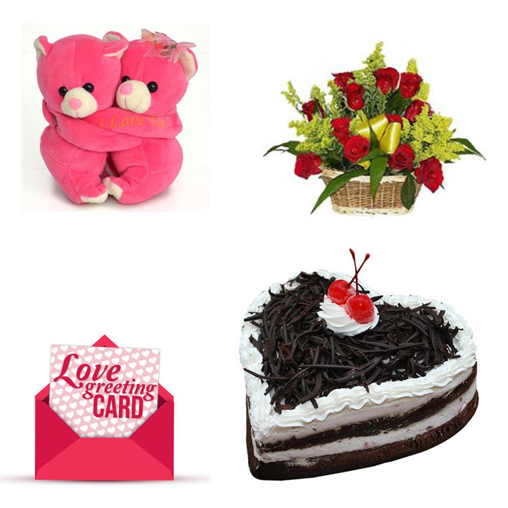 24 Red Roses Basket, Cake with Hugg Teddy &amp; Love Card, Express Delivery