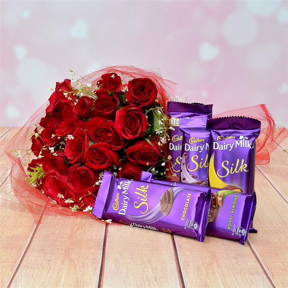 24 Red Roses with 5 pcs Dairy Milk Combo