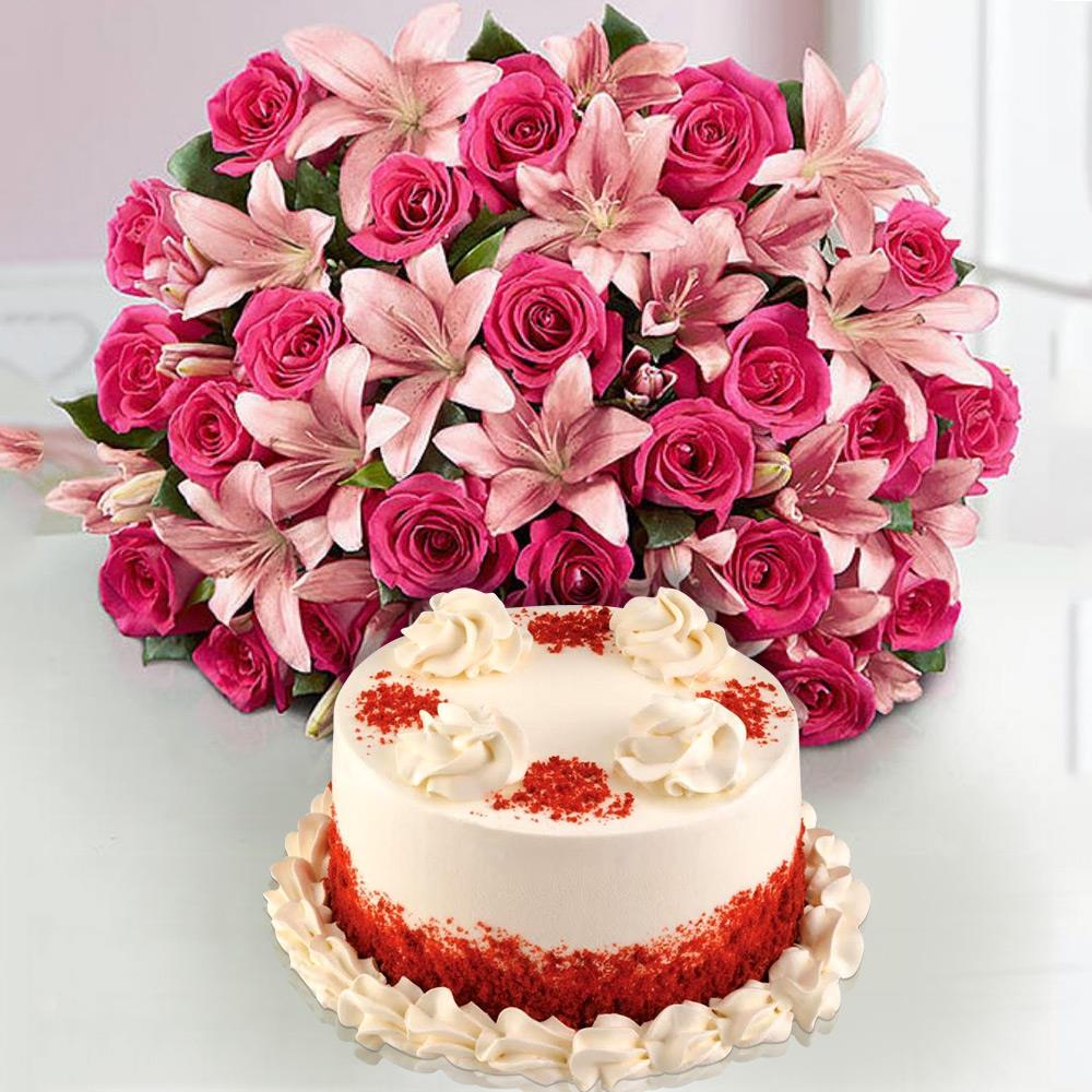 Red Velvet Cake With Rose & Lily Bouquet Combo, Flowers & Cakes Hampers