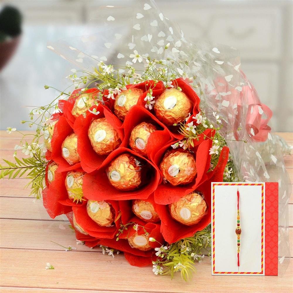 16 Pcs Ferrero Rocher Bouquet With Green Fillers With Rakhi ...